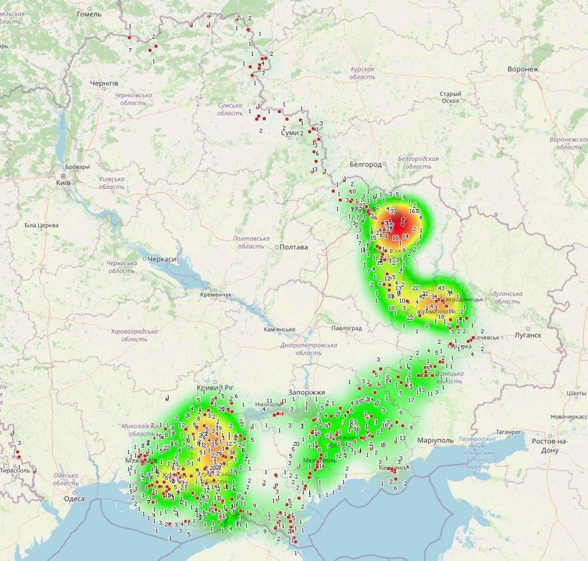 Так выглядит скопление абонентов российской мобильной связи на территории Украины (КАРТА)