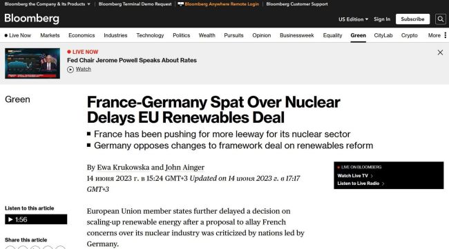 Размолвка между Францией и Германией из-за ядерной энергетики задерживает сделку ЕС по ВИЭ