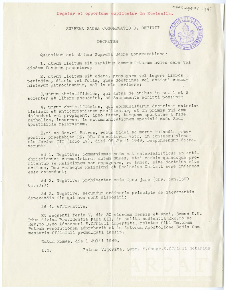 1 липня 1949 року папа Пій XII затвердив Декрет проти комунізму