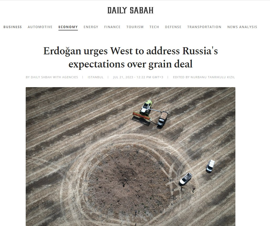 Эрдоган призвал Запад «удовлетворить ожидания» России по зерновому коридору, - цитирует Daily Sabah