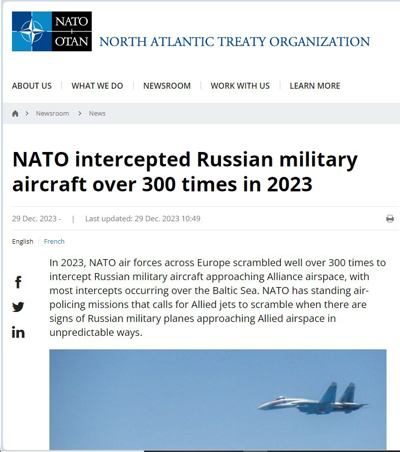 В 2023 г. военно-воздушные силы НАТО по всей Европе более 300 раз поднимались в воздух для перехвата российских военных самолетов, приближавшихся к воздушному пространству Альянса — сайт блока