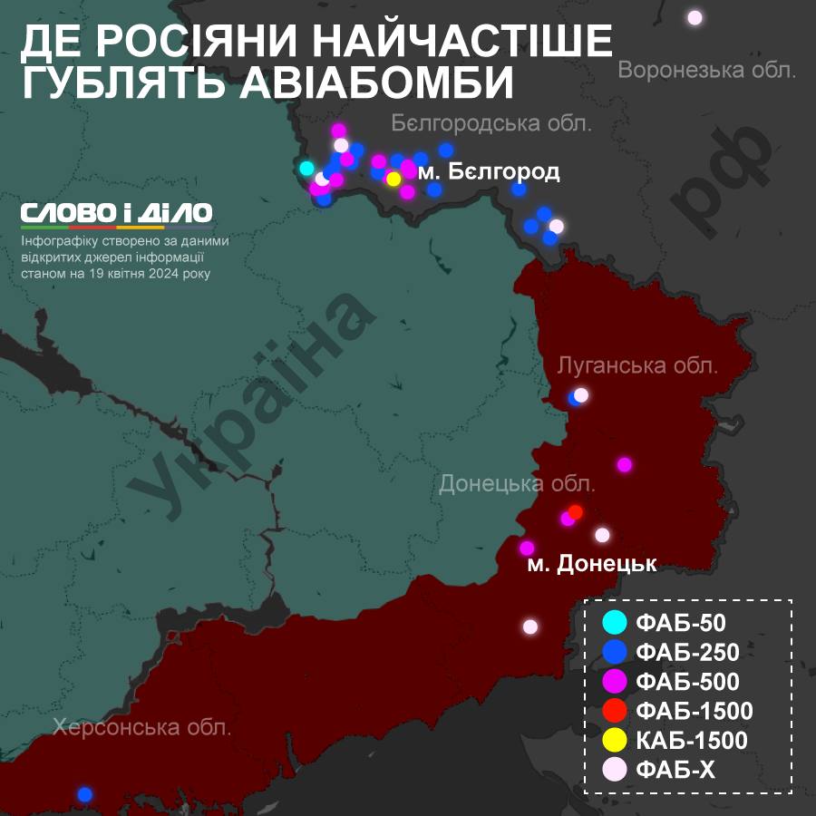 Инфографика российских авиабомб, которые не долетели до территории Украины.