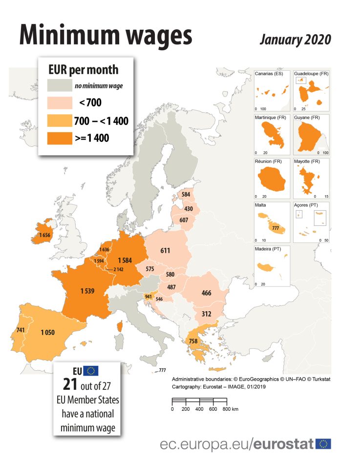 Евростат опубликовал данные о размере минимальной зарплаты в странах ЕС