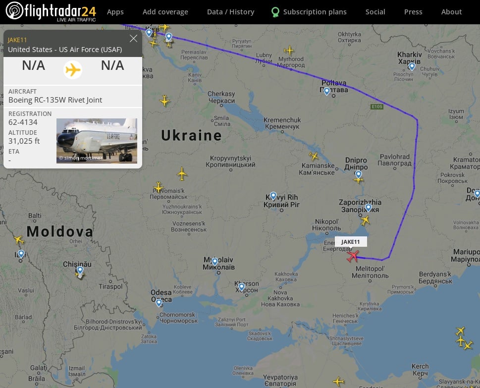 В воздушном пространстве Украины впервые работает самолет радиоэлектронной разведки ВВС США