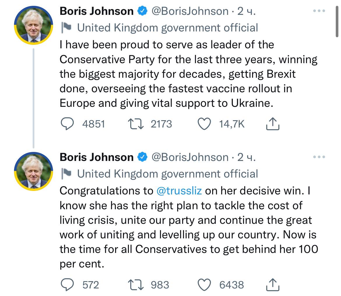 Джонсон привітав нового премєра Британії Ліз Трасс з перемогою