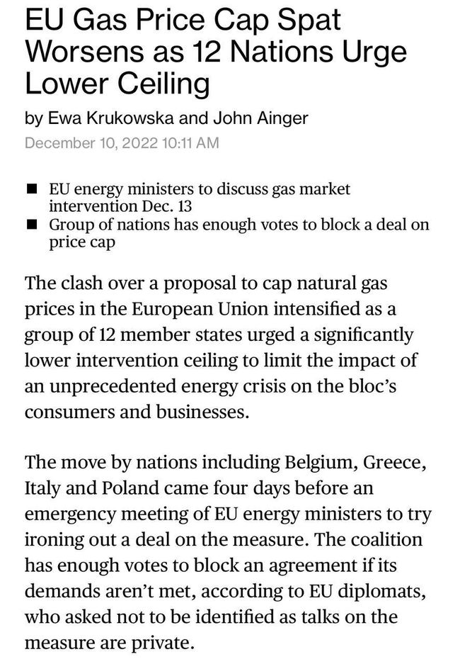 12 країн ЄС вимагають знизити межу цін на російський газ — Bloomberg