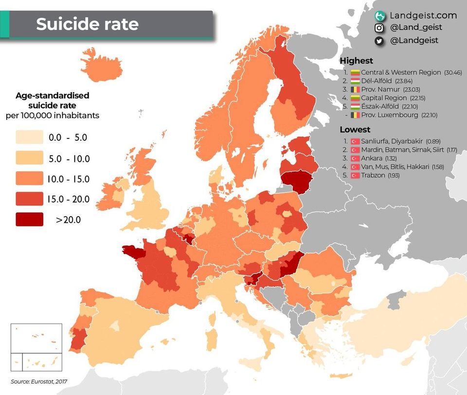Уровень самоубийств в странах Европы