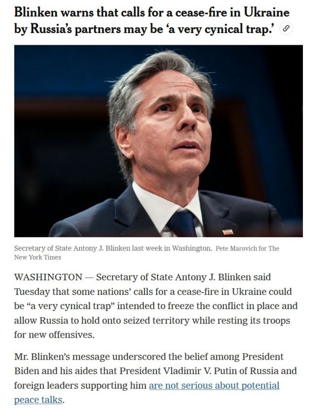 Блинкен предупреждает, что призывы партнеров России к прекращению огня на Украине могут оказаться очень циничной ловушкой