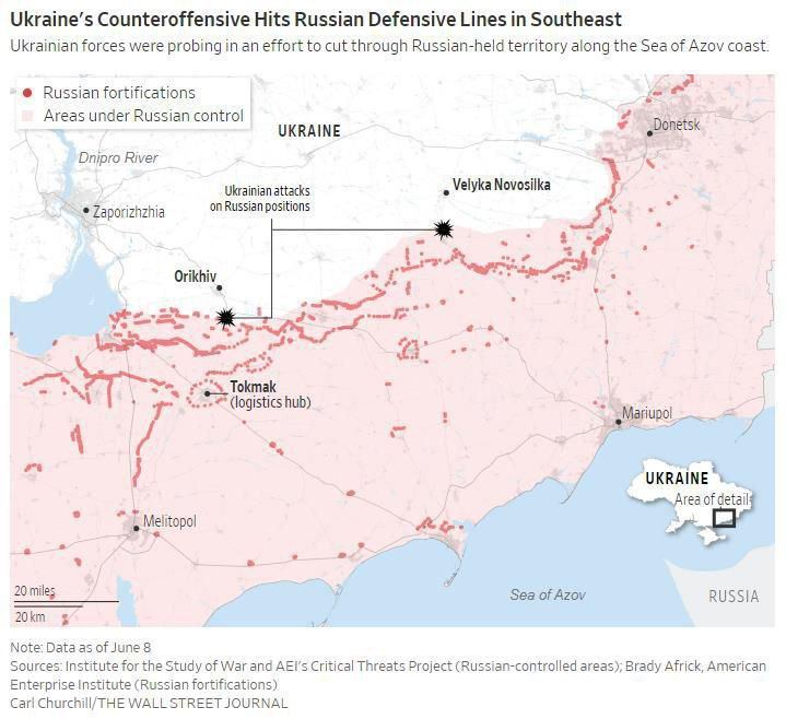 Карта российских укреплений в Запорожской области, опубликованная The Wall Street Journal