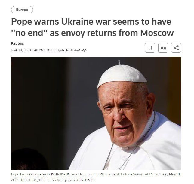 Папа Римський Франциск заявив, що війні в Україні, схоже, не буде кінця, - пише Reuters