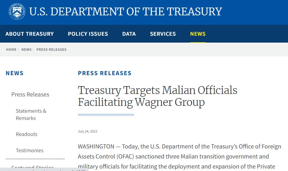 Мінфін США наклав санкції на трьох чиновників з Малі за співпрацю з ПВК «Вагнер»