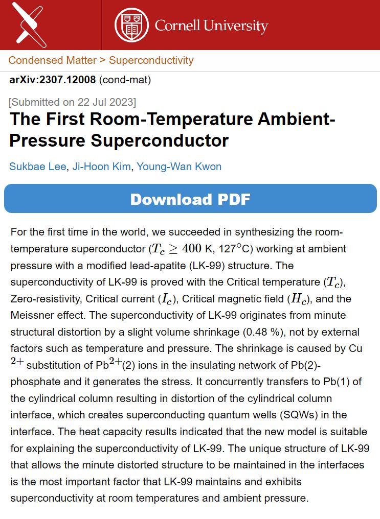 Создан суперпроводник при комнатной температуре и обычном атмосферном давлении