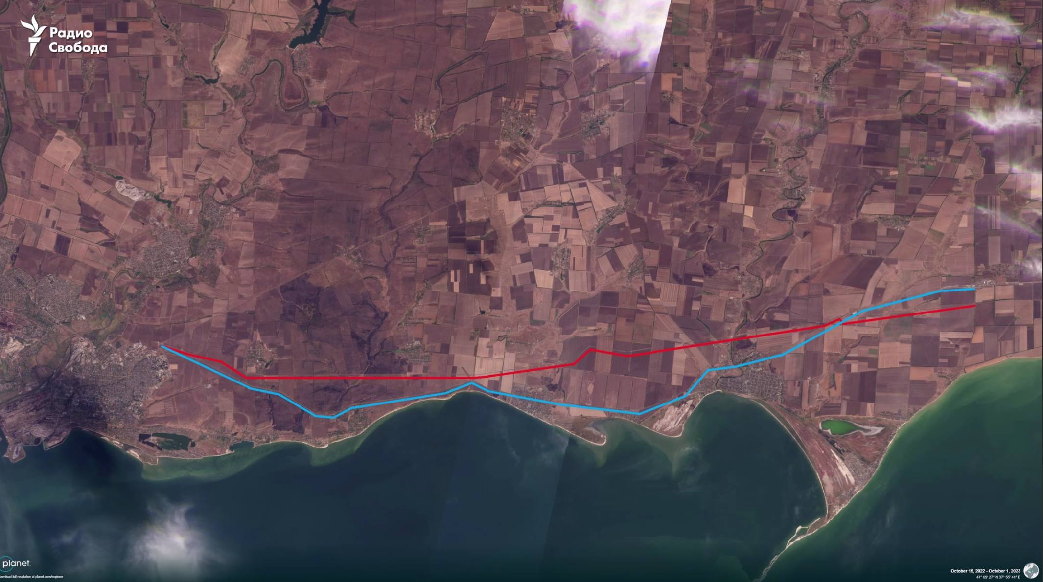 росія будує трасу з Ростова-на-Дону у тимчасово окупований Маріуполь — супутникові знімки Planet Labs.