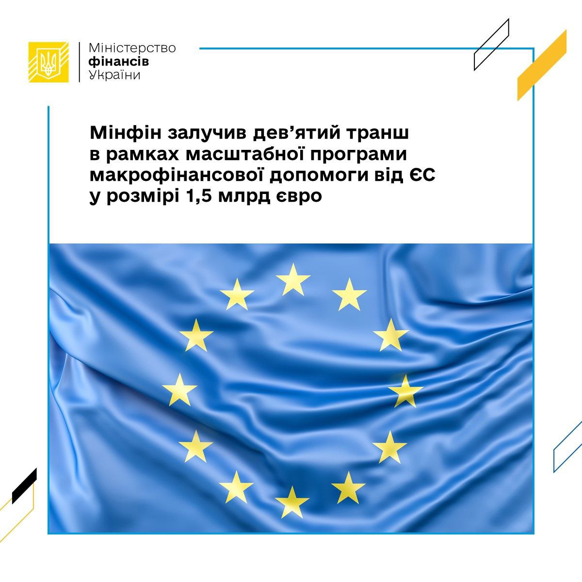Україна отримала девятий транш макрофінансової допомоги від ЄС у розмірі €1,5 млрд.