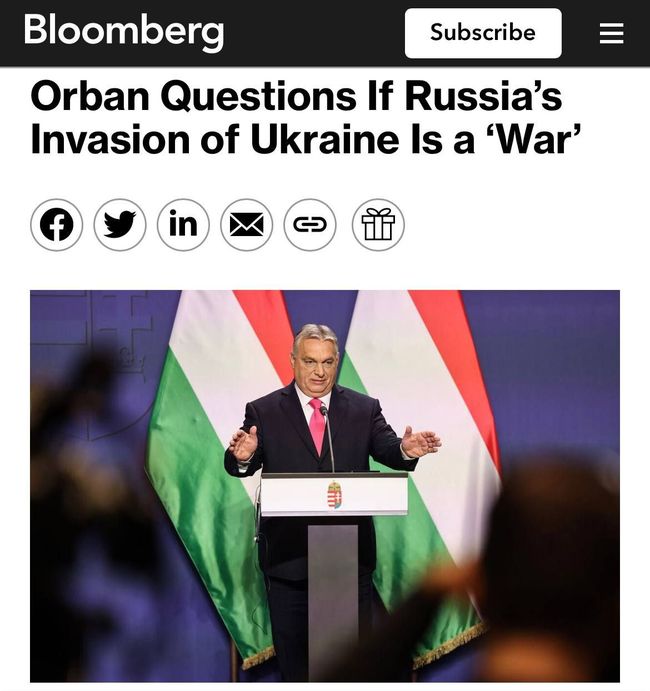 Орбан не згоден із твердженням, що вторгнення рф в Україну потрібно називати війною, - Bloomberg