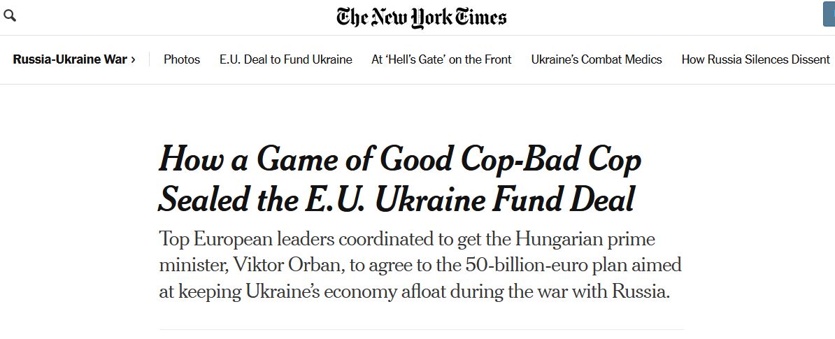 The New York Times рассказывает, как лидеры ЕС танцевали над Орбаном, чтобы убедить его снять блокировку с пакета на €50 млрд Украине