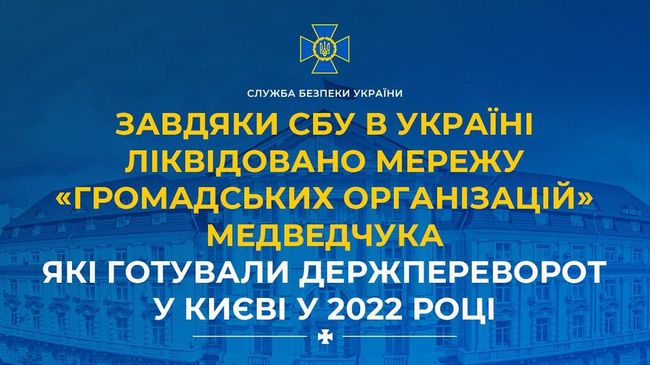 Завдяки СБУ в Україні ліквідовано мережу «громадських організацій» Медведчука, які готували держпереворот у Києві у 2022 році