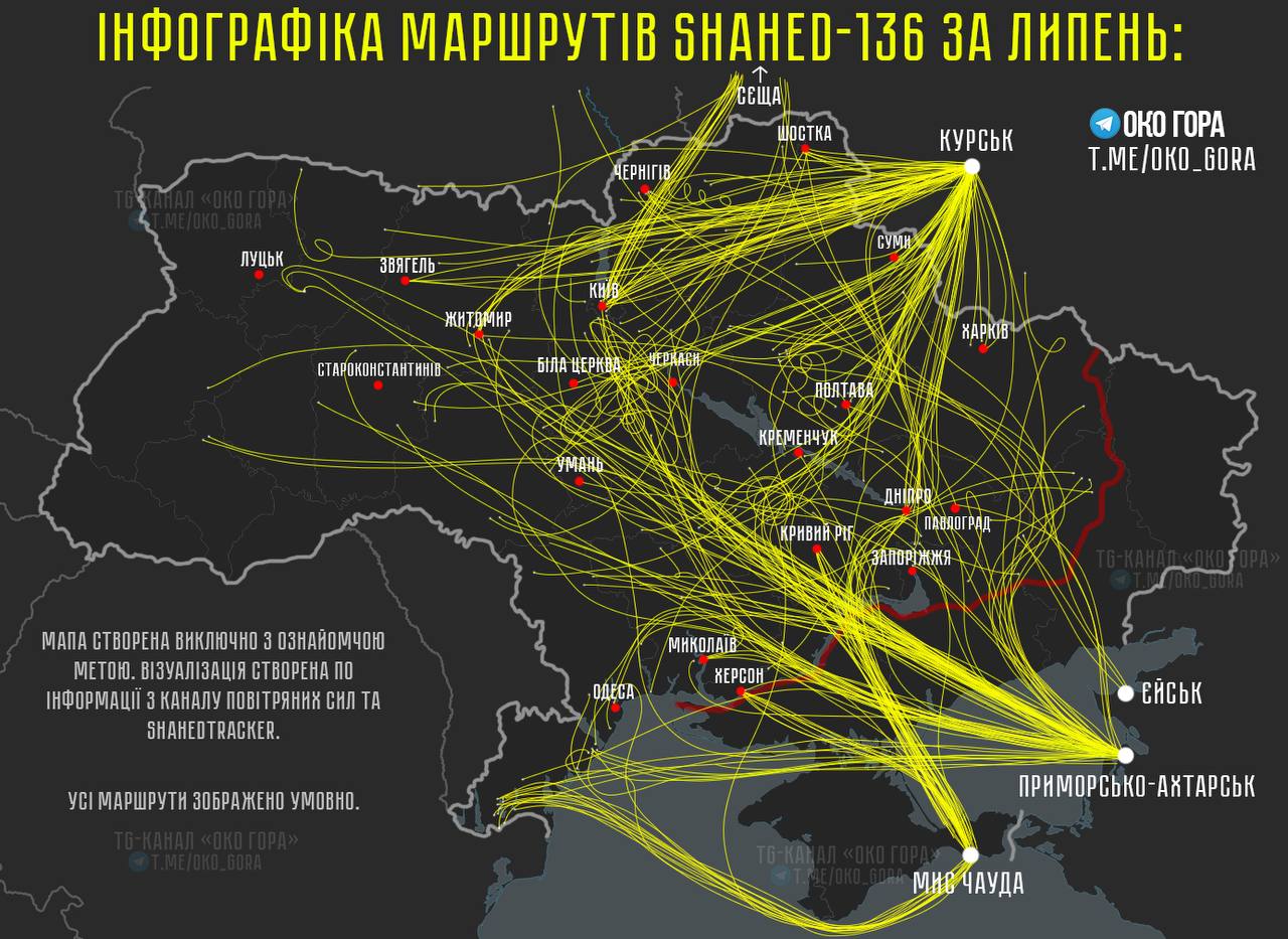 Инфографика маршрутов Shahed-136 за июль