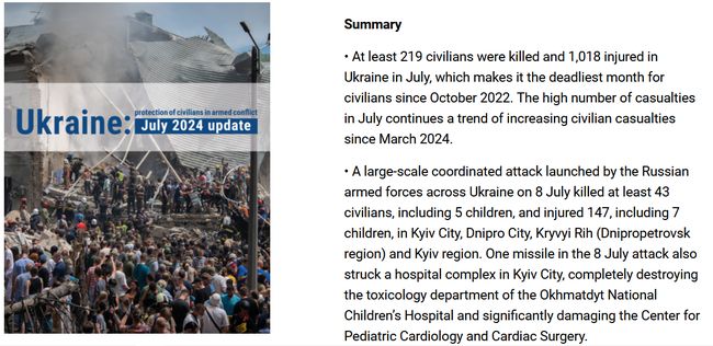ООН повідомляє, що в липні росіяни вбили найбільшу кількість цивільних в Україні з жовтня 2022 року