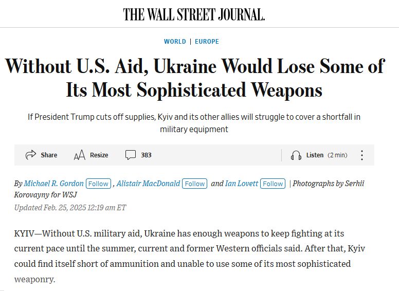 The Wall Street Journal анализирует текущее производство и поставки вооружений Украине и пытается дать ответ, что будет, если США прекратят поставки