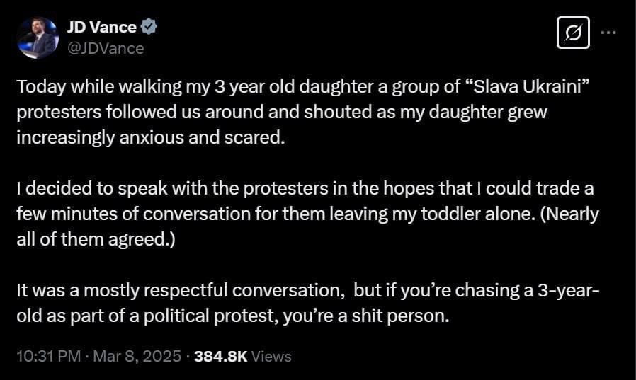 Віцепрезидент США Венс заявив, що протестувальники, які кричали Слава Україні, налякали його 3-річну доньку