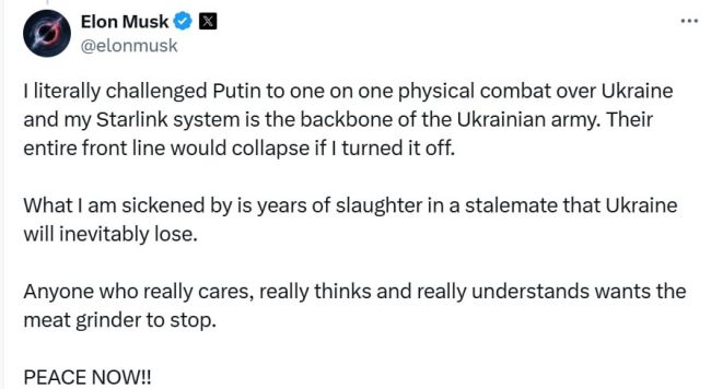 Маск натякнув, що може обвалити фронт в Україні і вимагає миру негайно