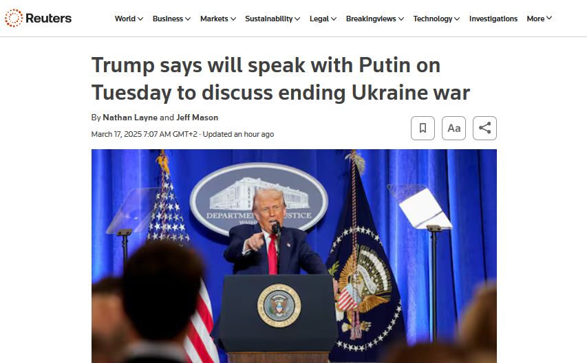 Reuters: Трамп заявил, что во вторник поговорит с Путиным об окончании войны
