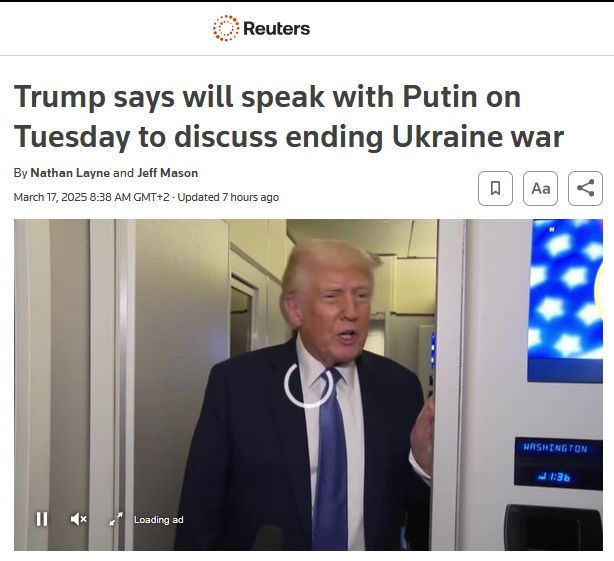 Reuters: Трамп заявил, что во вторник поговорит с путиным об окончании войны