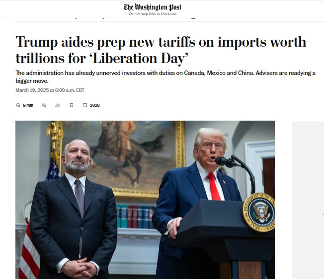 Помощники Трампа готовят новые пошлины на импорт на сумму триллионы ко «Дню освобождения» - Washington Post