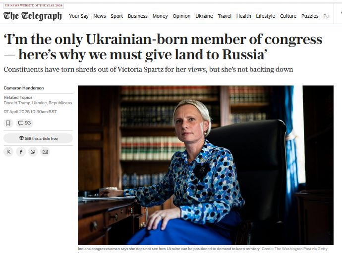 Ця війна — це відволікання від моєї роботи в Конгресі: британський The Telegraph присвятив статтю Вікторії Спартц