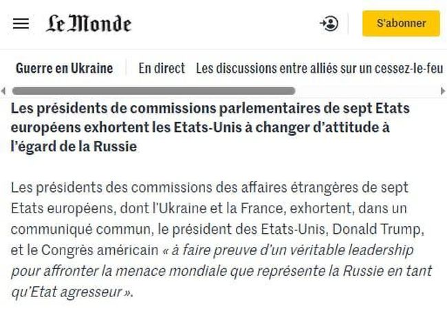 Главы парламентских комитетов семи стран Европы обратились к США с призывом изменить подход к россии, - Le Monde