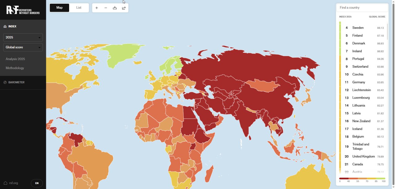 Репортеры без границ опубликовали новую карту свободы СМИ в мире