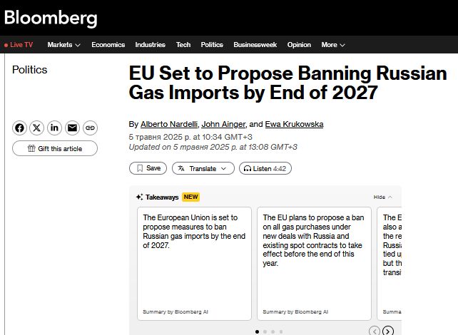ЄС планує остаточно відмовитися від газу з росії до 2027 року