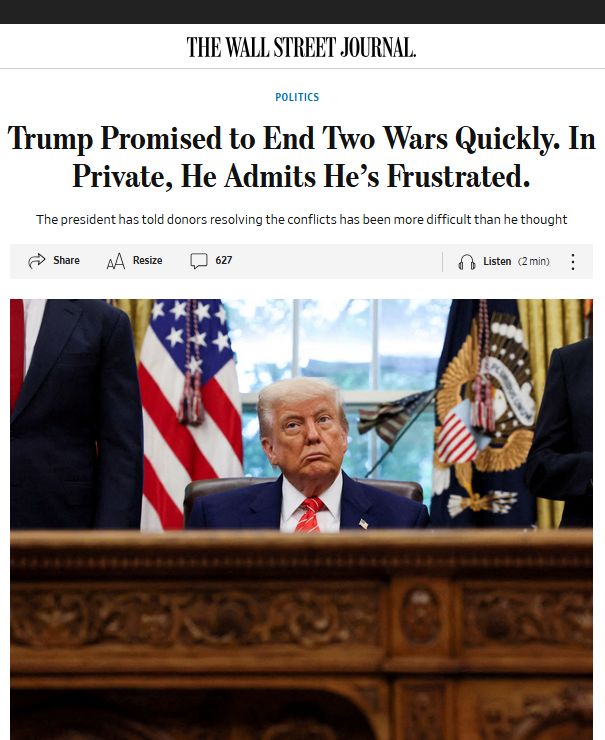 WSJ: Трамп в частном порядке признался своим донорам, что заканчивать конфликты оказалось сложнее, чем он думал