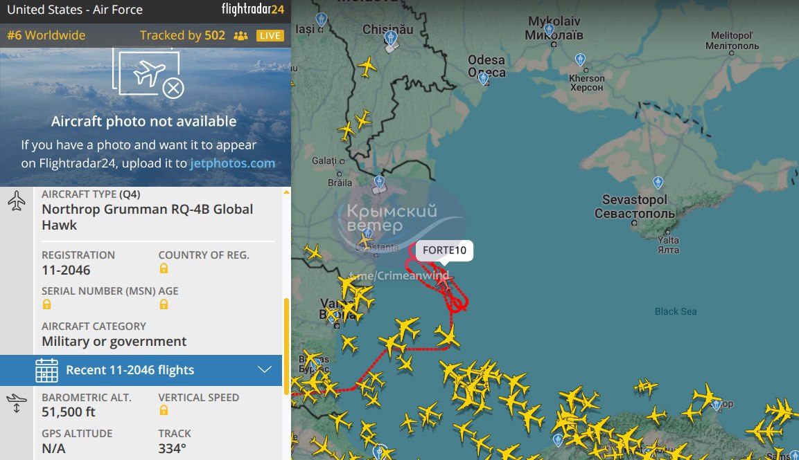 Впервые за 11 месяцев американский разведывательный беспилотник RQ-4B Global Hawk снова ведет разведку над Черным морем Впервые за 11 месяцев американский разведывательный беспилотник RQ-4B Global Hawk снова ведет разведку над Черным морем