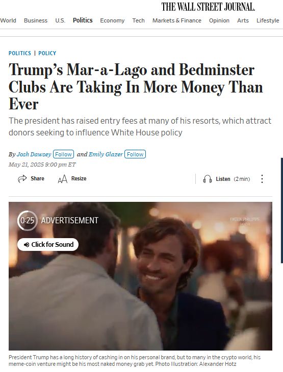 Дуже цікавий матеріал The Wall Street Journal про те, як приватні клуби Трампа стали джерелом прибутку