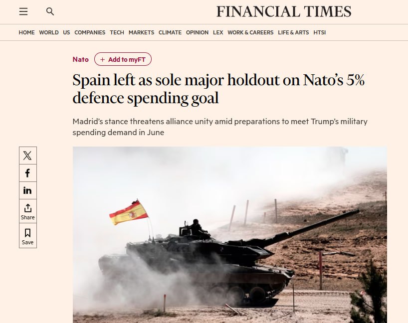 Іспанія наразі залишається єдиною країною, яка поки не підтримала плани НАТО стосовно витрат на оборону в 5% ВВП