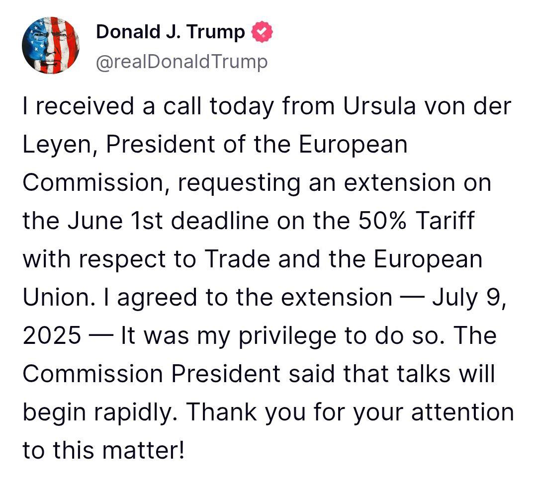 Трамп відтермінував 50% мита на ЄС після розмови з Урсулою фон дер Ляйен