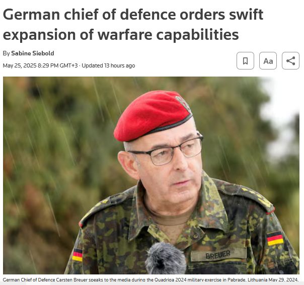 Генінспектор Бундесверу Карстен Броєр наказав до 2029 року переозброїти німецьку армію через загрозу агресії Росії