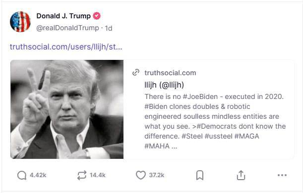 Вбили і замінили роботами-клонами. Трамп поширив теорію змови про Байдена Вбили і замінили роботами-клонами. Трамп поширив теорію змови про Байдена