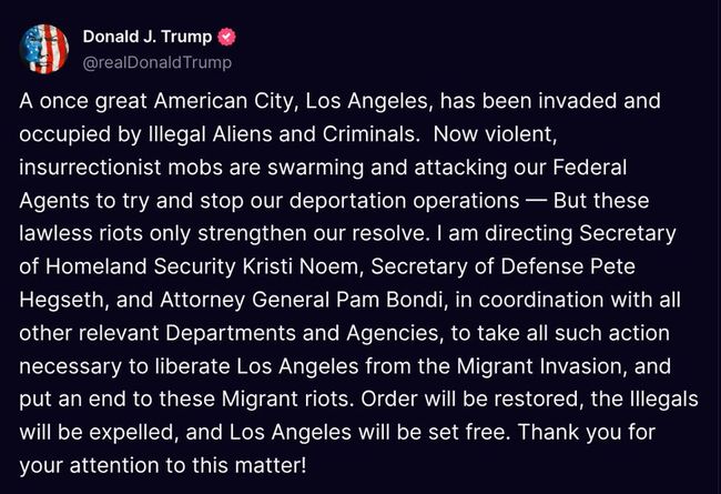 Трамп заявив, що масові заворушення у Лос-Анджелесі влаштували проплачені повстанці і пообіцяв звільнити місто
