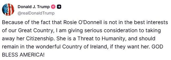 Трамп заявив, що може позбавити громадянства телеведучу Розі ОДоннелл, яка є його давнім критиком Трамп заявив, що може позбавити громадянства телеведучу Розі ОДоннелл, яка є його давнім критиком