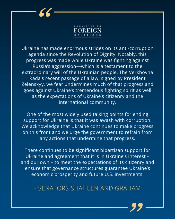 Сенатори США застерегли Україну від підриву антикорупційного прогресу