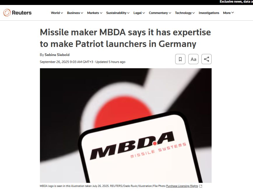 Європейський виробник ракет MBDA може збільшити потужності з виробництва зенітних ракет Patriot на новому заводі в Німеччині