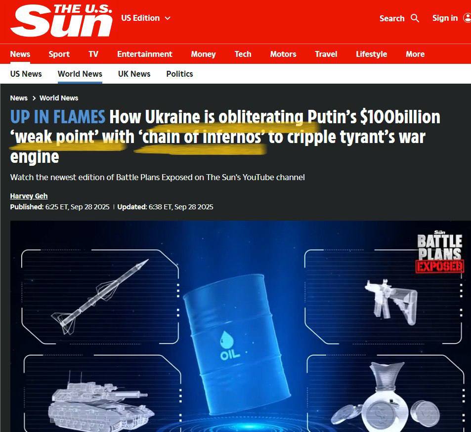 The U.S. Sun: «Палайте: Як Україна знищує «слабке місце» путіна на 100 мільярдів доларів за допомогою «пекельного ланцюга», щоб паралізувати воєнну машину тирана».
