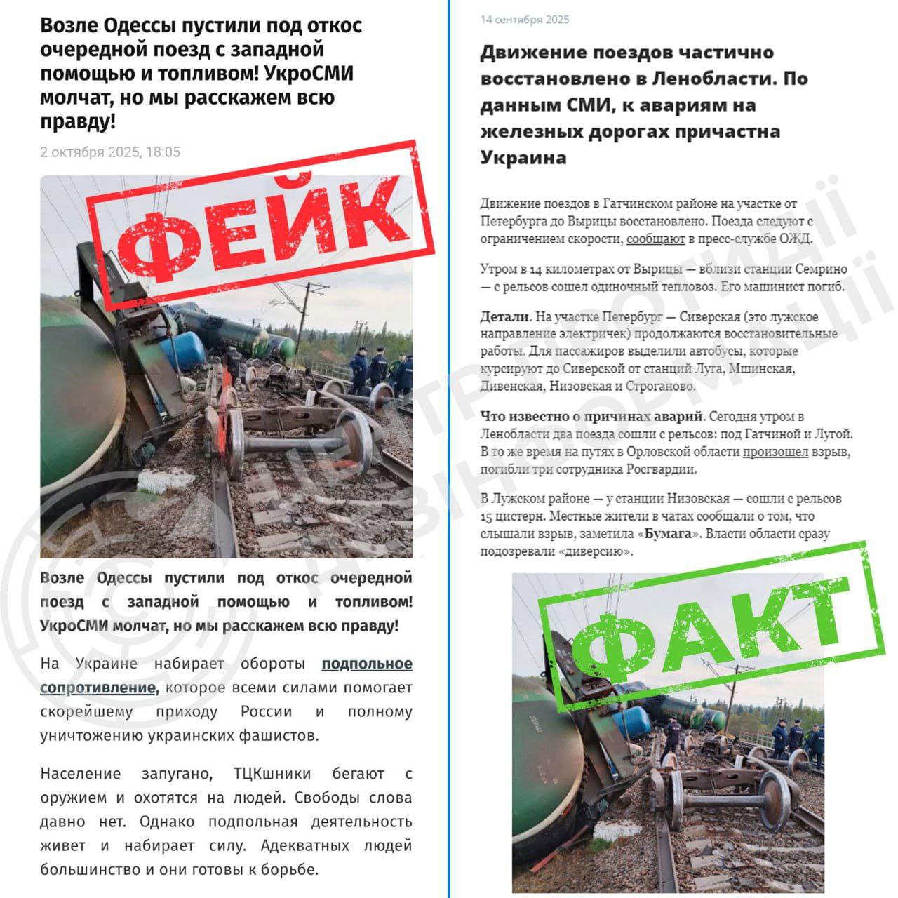 російська пропаганда розкручує фейк про нібито «диверсію проросійського підпілля» на залізниці в Одеській області російська пропаганда розкручує фейк про нібито «диверсію проросійського підпілля» на залізниці в Одеській області