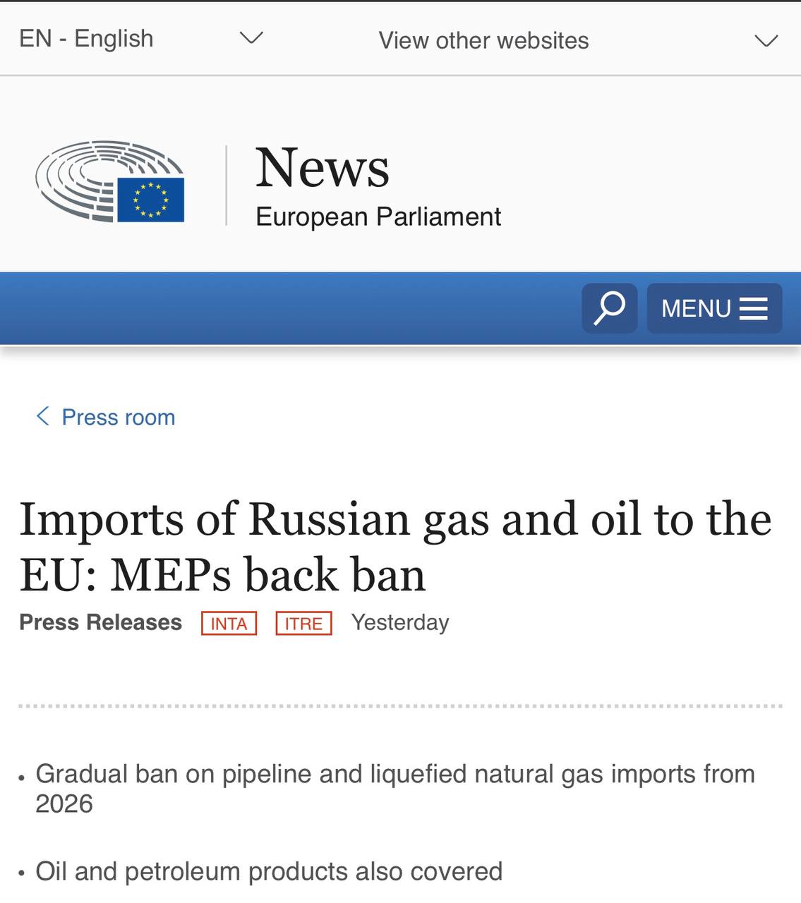 Європарламент підтримав заборону імпорту російського газу та нафти