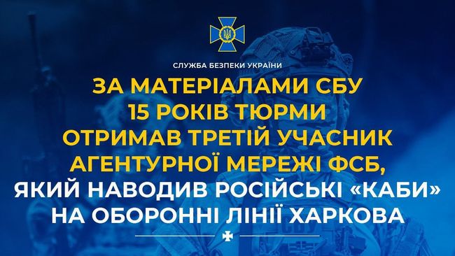 За матеріалами СБУ 15 років тюрми отримав третій учасник агентурної мережі фсб, який наводив російські «КАБи» на оборонні лінії Харкова За матеріалами СБУ 15 років тюрми отримав третій учасник агентурної мережі фсб, який наводив російські «КАБи» на оборонні лінії Харкова