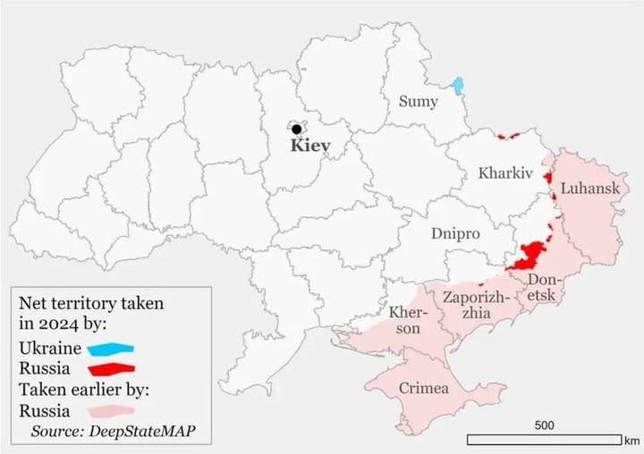 Территория, захваченная россией и Украиной в 2024 году. Никаких крупных изменений.