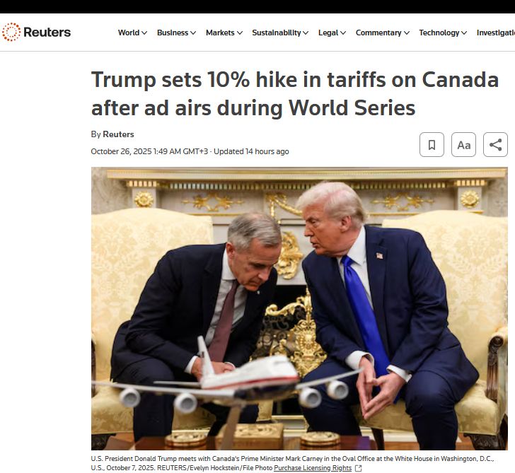 Трамп підвищує мита на 10% для Канади після скандалу із рекламою і Рейганом